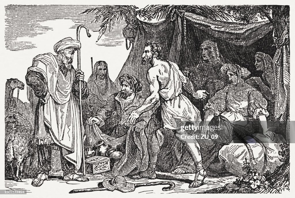 Jacob flees from Laban (Genesis 29), wood engraving, published 1835