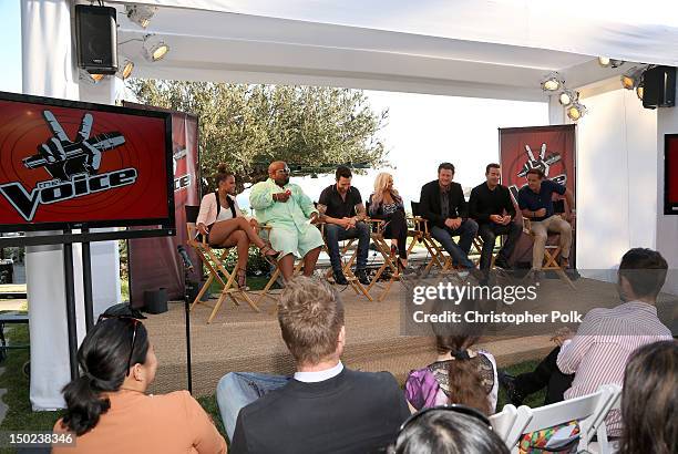 The Voice's Christina Milian, Cee Lo Green, Adam Levine, Christina Aguilera, Blake Shelton, Carson Daly, and Executive producer Mark Burnett speak...