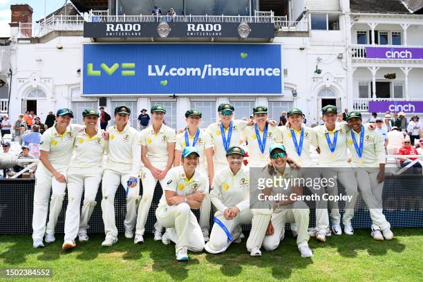 Australia celebrate after winning the LV= Insurance Women's Ashes Test match between England and Australia at Trent Bridge on June 26, 2023 in...
