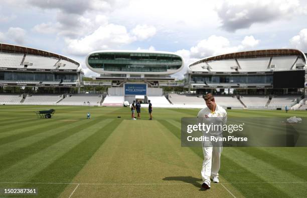 Steve Smith of Australia inspects the pitch during an Australia Training Session at Lord's Cricket Ground on June 26, 2023 in London, England.