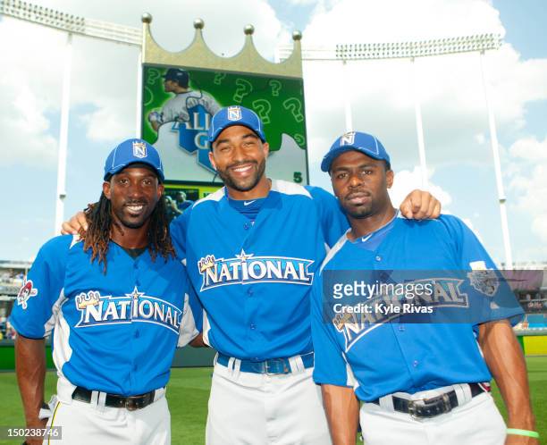 National League All-Stars Andrew McCutchen of the Pittsburgh Pirates, Matt Kemp of the Los Angeles Dodgers and Michael Bourn of the Atlanta Braves...