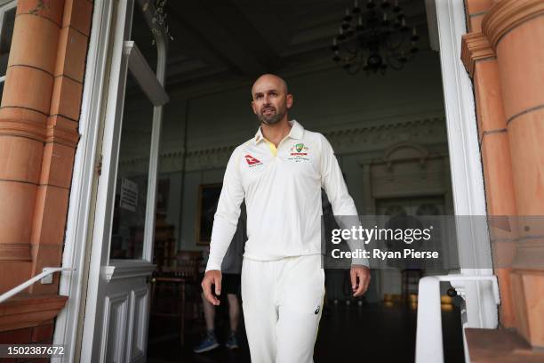 Nathan Lyon of Australia walks through the Long Room during an Australia Training Session at Lord's Cricket Ground on June 26, 2023 in London,...