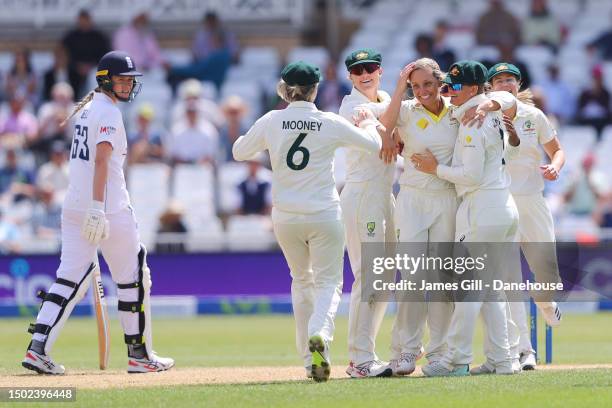 Ash Gardner of Australia celebrates the wicket of Danni Wyatt of England to win the test match during day five of the LV= Insurance Women's Ashes...
