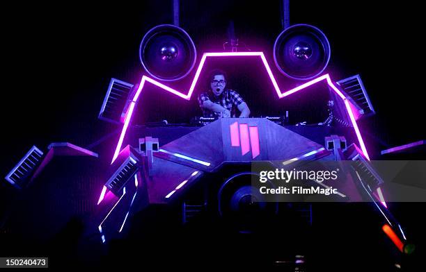 Skrillex performs at the Twin Peaks Stage during day 3 of the 2012 Outside Lands Music and Arts Festival at Golden Gate Park on August 12, 2012 in...