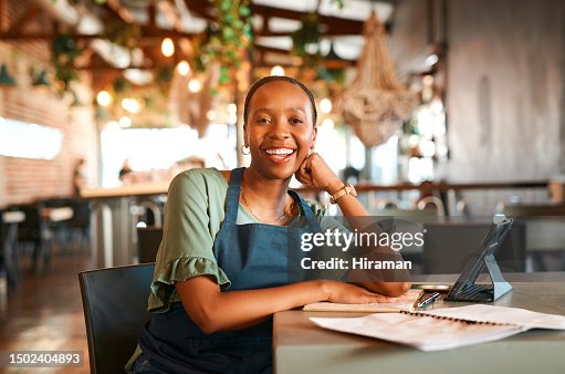 Business owner, restaurant or portrait of black woman with paperwork as a barista, entrepreneur or waitress. Cafe, bookkeeping or happy African manager with accounting notebook diary for coffee shop Business owner, restaurant or portrait of black woman with paperwork as a barista, entrepreneur or waitress. Cafe, bookkeeping or happy African manager with accounting notebook diary for coffee shop