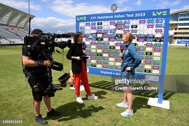 Skysports commentator Lydia Greenway interviews England captain Heather Knight after day five of the LV= Insurance Women's Ashes Test match between...