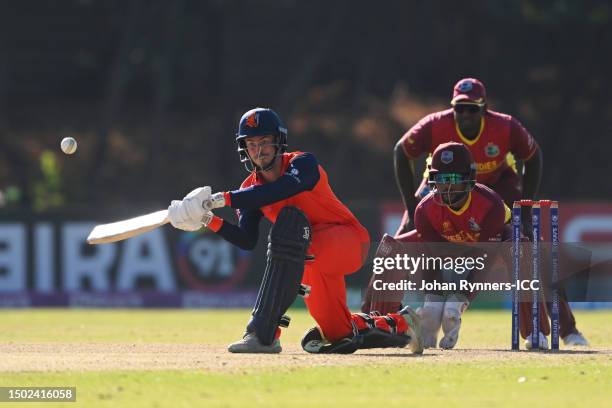 Scott Edwards of Netherlands plays a shot during the ICC Men's Cricket World Cup Qualifier Zimbabwe 2023 match between the West Indies and...