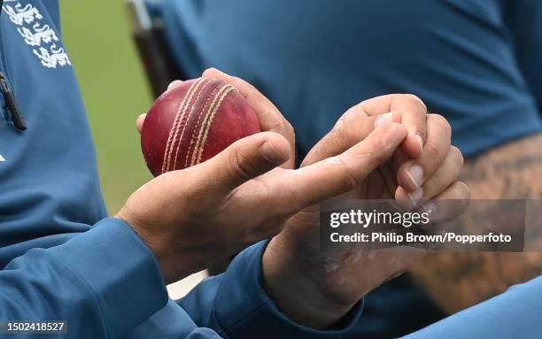 Moeen Ali of England checks on his index finger during a training session at Lord's Cricket Ground on June 26, 2023 in London, England.