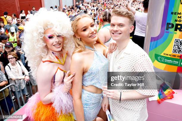 Blu Hydrangea and Max Balegde ride the pride float at the Garnier x Heritage Of Pride 2023 NYC Pride March on June 25, 2023 in New York City.