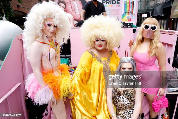 Blu Hydrangea, Kimchi, Stephanie Glitter and Myss Keta ride the pride float at the Garnier x Heritage Of Pride 2023 NYC Pride March on June 25, 2023...