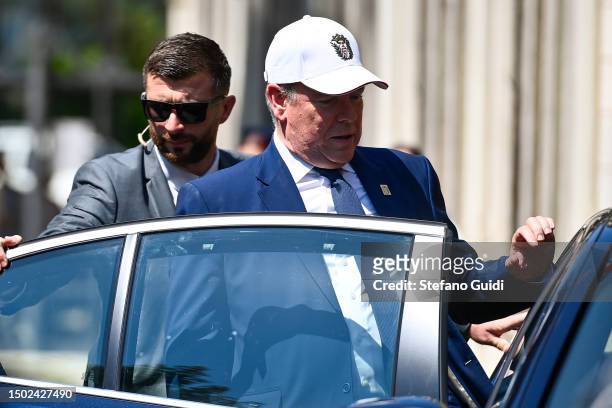 Prince Albert II of Monaco gets in a car during a visit to the Grimaldi Historic Sites of Monaco on June 26, 2023 in Pianezza, Italy. Prince Albert...