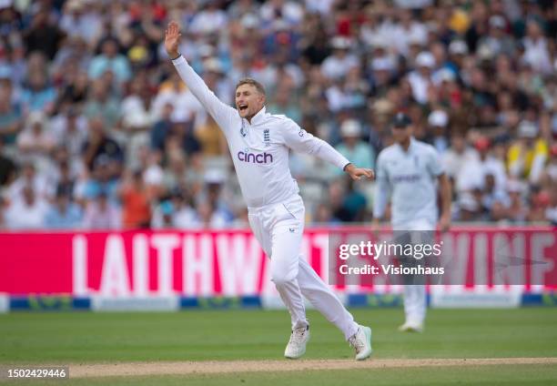 Joe Root of England appeals to the umpire during Day Five of the LV= Insurance Ashes 1st Test match between England and Australia at Edgbaston on...