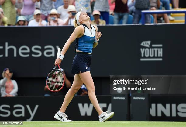 Harriet Dart of Great Britain celebrates winning match point against Zhang Shuai of China in the Women's Singles First Round match during Day Three...