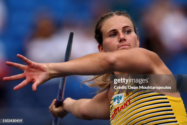 Christin Hussong of Germany competes in the Women's Javelin Throw - Div 1 at the European Team Championships 2023 during day six of the European...