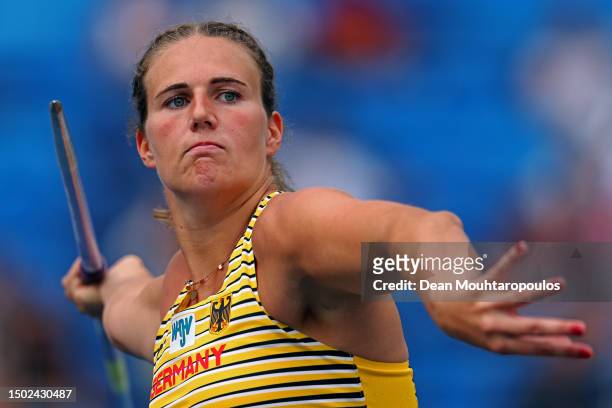 Christin Hussong of Germany competes in the Women's Javelin Throw - Div 1 at the European Team Championships 2023 during day six of the European...