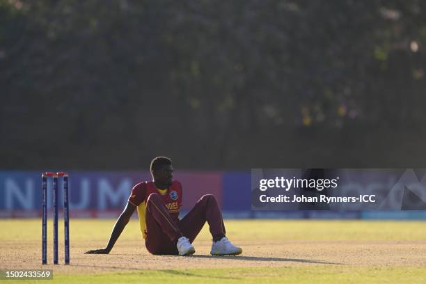 Alzarri Joseph of West Indies reacts after teammate Rovman Powell drops the catch of Teja Nidamanuru of Netherlands during the ICC Men's Cricket...