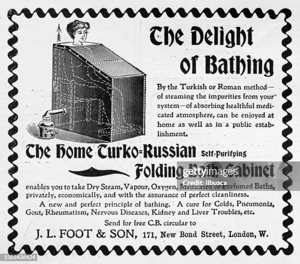 antique advertisement from british magazine: bath cabinet - spring cleaning text stock illustrations