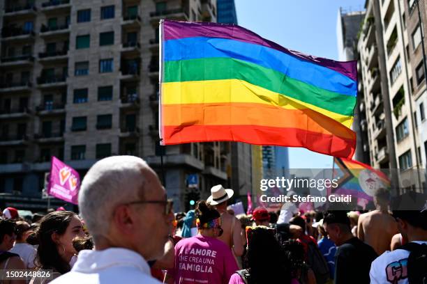 People participate during the Milano Pride 2023 on June 24, 2023 in Milan, Italy. The Milan 2023 Pride show is the culmination of this year's Pride...