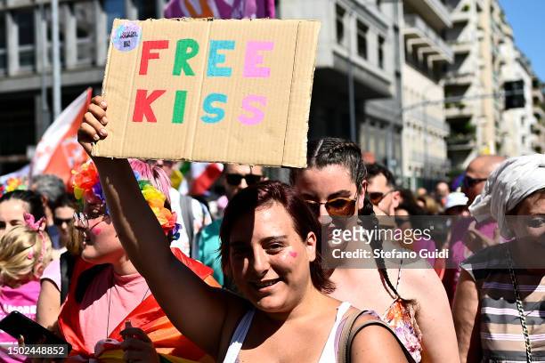People participate during the Milano Pride 2023 on June 24, 2023 in Milan, Italy. The Milan 2023 Pride show is the culmination of this year's Pride...