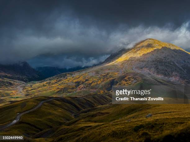aerial shots of mountains with mist and clouds near vardousia, greece - olympus stock pictures, royalty-free photos & images