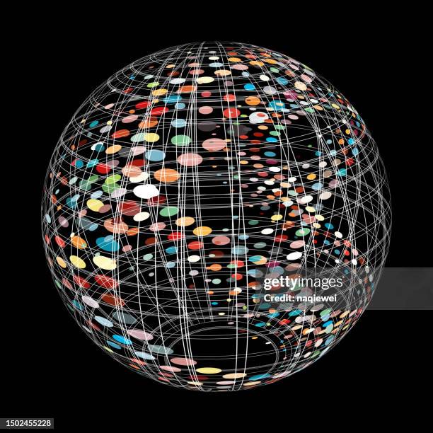 vektorlinie drahtgittermodell globale kugel bunte punkte muster daten abstraktes technologiesymbol - 3d wireframe stock-grafiken, -clipart, -cartoons und -symbole