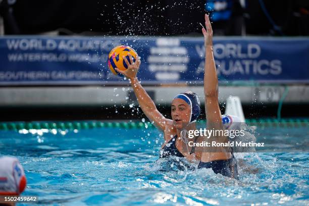 Maggie Steffens of USA in the championship game during Women's Waterpolo Word Cup Final at Long Beach City College on June 25, 2023 in Long Beach,...