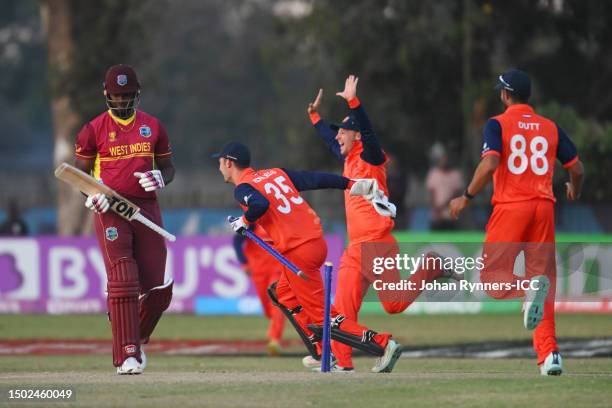 Scott Edwards of Netherlands celebrates winning in the Super Over of the ICC World Cup Qualifier Zimbabwe 2023 match between the West Indies and...