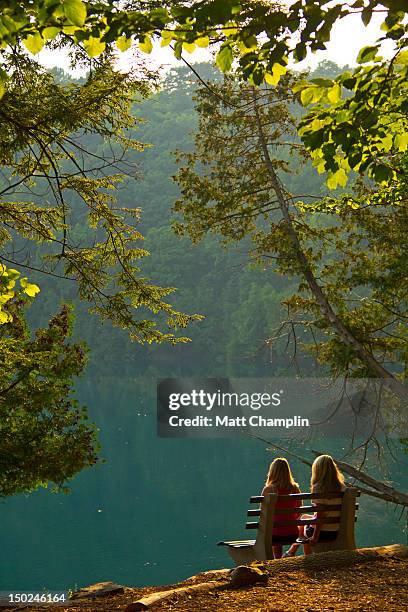 women sitting on bench at sunset - fayetteville stock pictures, royalty-free photos & images