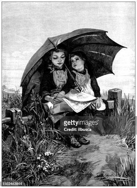 antique image from british magazine: sisters reading under umbrella - agricultural field photos stock illustrations
