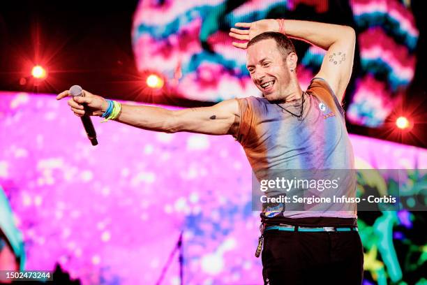 Chris Martin of Coldplay performs at Stadio San Siro, on June 25, 2023 in Milan, Italy.