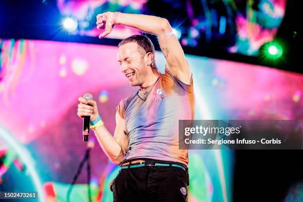 Chris Martin of Coldplay performs at Stadio San Siro, on June 25, 2023 in Milan, Italy.