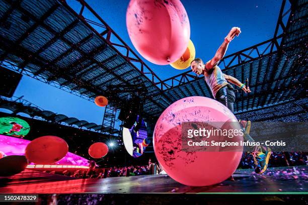 Chris Martin of Coldplay performs at Stadio San Siro, on June 25, 2023 in Milan, Italy.