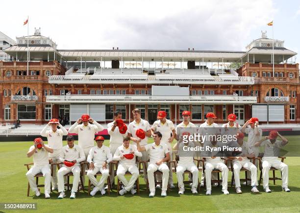 Australia pose for a team photo with their Red for Ruth caps on during an Australia Training Session at Lord's Cricket Ground on June 26, 2023 in...