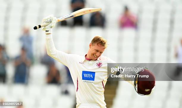 George Bartlett of Somerset celebrates their century during Day Two of the LV= Insurance County Championship Division 1 match between Somerset and...