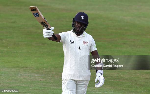Daniel Bell-Drummond of Kent celebrates after scoring 250 runs during the LV= Insurance County Championship Division 1 match between Northamptonshire...