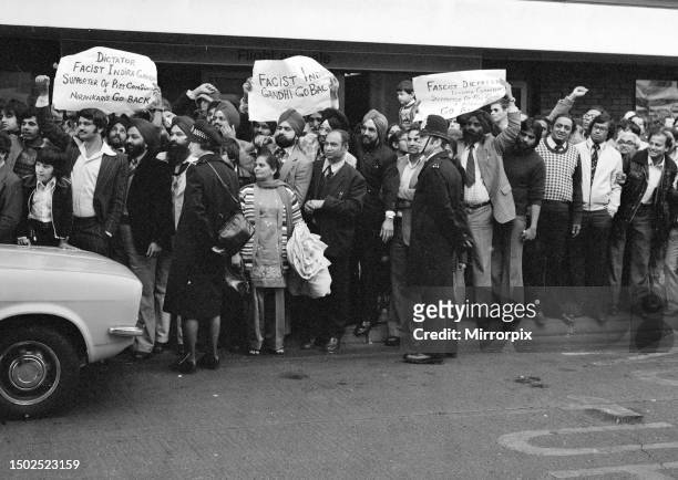Sikhs demonstrate outside the terminal buildings at Heathrow against the visit of Mrs Indira Gandhi Indian Prime Minister who is visiting the UK for...