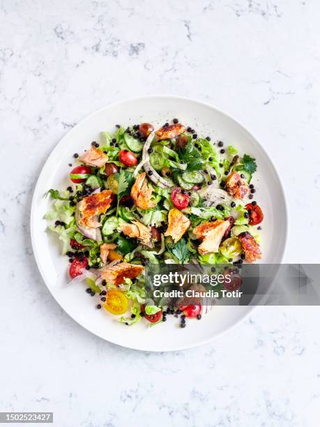 plate of salmon salad with fresh vegetables on white background - insalata foto e immagini stock