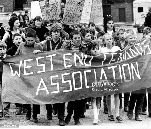 Newcastle West End youngsters get the message over that they want the Snow Street swimming baths to re-open in 1971. 01/07/71.