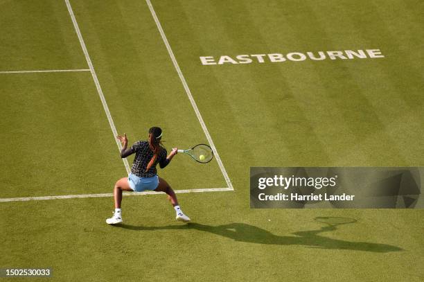 Coco Gauff plays a forehand with their partner Jessica Pegula of United States against Yulia Putintseva of Kazakstan and Kamilla Rakhimova in the...