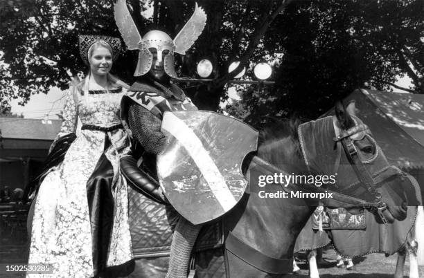 Eva Von Rueber-Staier, the winner of the Miss World 1970 title, gets a lift on a knight's charger during the rehearsal for the World Wildlife Ball at...