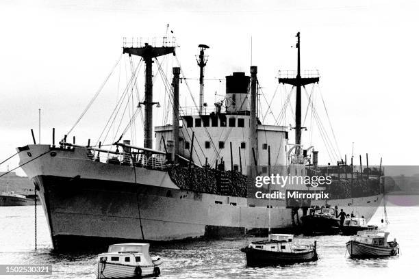 The Cypriot owned SS Petros the day after there was a major fire aboard in which six crewmen were injured. The Petros was carrying 2,550 pit props...