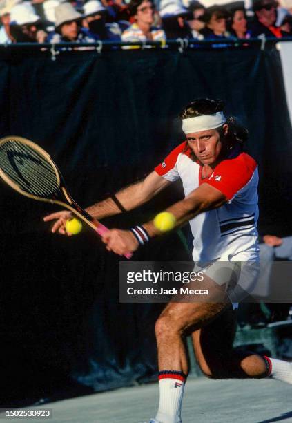 Guillermo Vilas playing at the last US Open in Forest Hills. He won the tournament over Jimmy Connors in September, 1977.