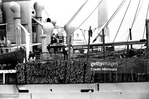 The Cypriot owned SS Petros the day after there was a major fire aboard in which six crewmen were injured. The Petros was carrying 2,550 pit props...