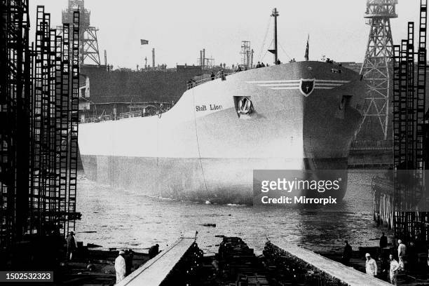 The launch of the Stolt Lion tanker at Hebburn on the 16th October, 1970. It was completed by Swan Hunter at the SBS Ltd, Hebburn yard by July 1971.