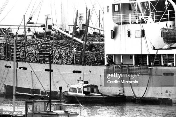 The Cypriot owned SS Petros the day after there was a major fire aboard in which six crewmen were injured. The Petros was carrying 2,550 pit props...