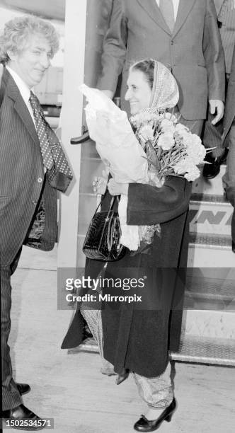 Mrs Indira Gandhi Indian Prime Minister seen here arriving at Heathrow airport from India for talks with Jim Callaghan.