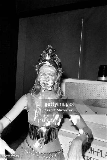 Sara Wade covered in cream after custard pies had been thrown at her. 2nd January 1970 .