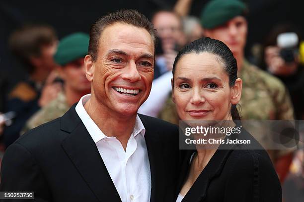 Actor Jean-Claude Van Damme and Gladys Portugues attend "The Expendables 2" UK film premiere at Empire Leicester Square on August 13, 2012 in London,...