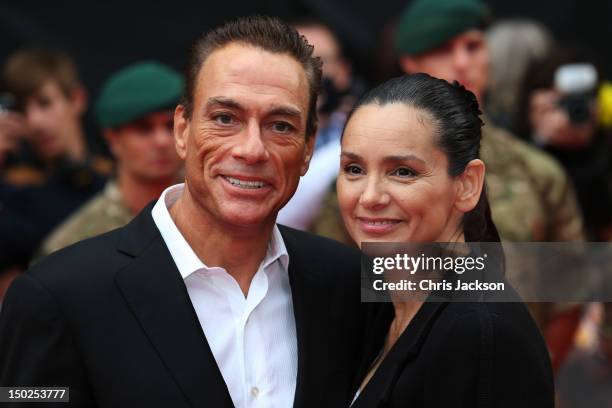 Actor Jean-Claude Van Damme and Gladys Portugues attend "The Expendables 2" UK film premiere at Empire Leicester Square on August 13, 2012 in London,...