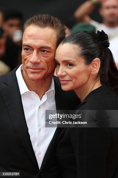 Actor Jean-Claude Van Damme and Gladys Portugues attend "The Expendables 2" UK film premiere at Empire Leicester Square on August 13, 2012 in London,...